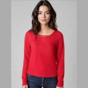 Croft & Barrow Women's Red Textured Crew Neck 3/4 Sleeve Sweater - Size L